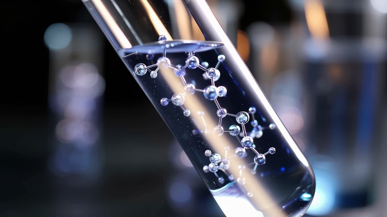 Et nærbilde av et reagensrør som inneholder en fargerik væske med molekylære strukturer, som fremhever vitenskapelige eksperimenter og nyskapende forskning i et laboratoriemiljø