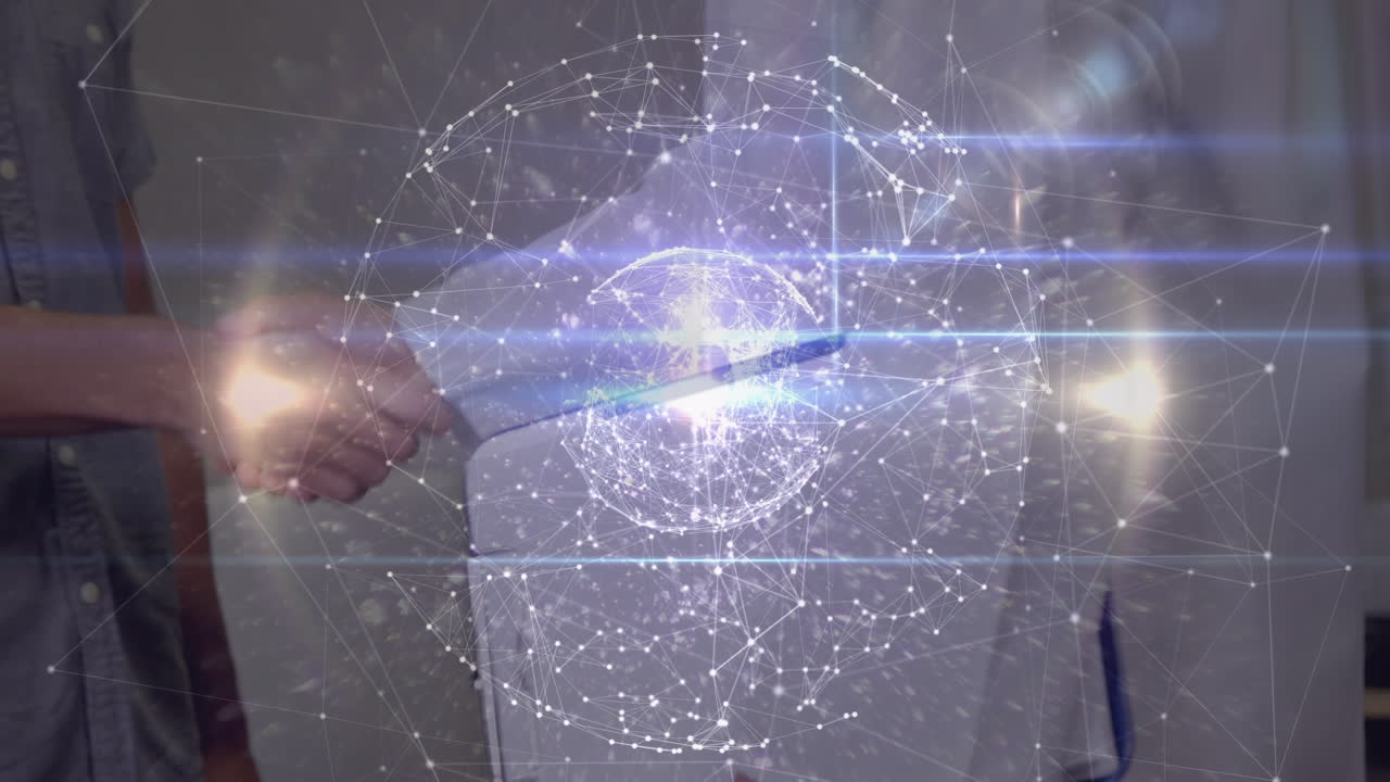 카우카시안 남성 의사들이 손을 흔들고 있는 세계와 연결된 네트워크의 애니메이션