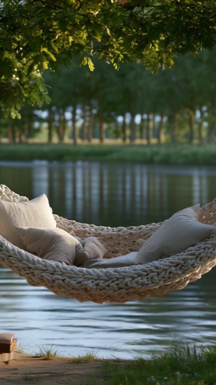 Un'amaca tranquilla adagiata vicino alle acque serene: una fuga perfetta per il relax e l'apprezzamento della natura sotto la luce soffusa del sole.