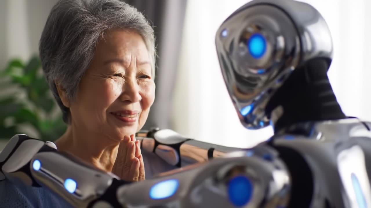 An Enchanting Encounter: A Wise Elderly Woman Engages with a Friendly Robot Companion, Showcasing the Harmonic Blend of Technology and Human Emotion in Modern Times