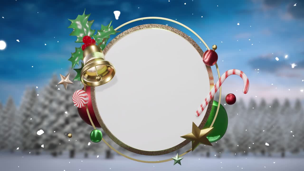 animación de nieve y decoraciones navideñas alrededor de un signo circular blanco en blanco sobre el paisaje de invierno