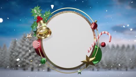 animación de nieve y decoraciones navideñas alrededor de un signo circular blanco en blanco sobre el paisaje de invierno