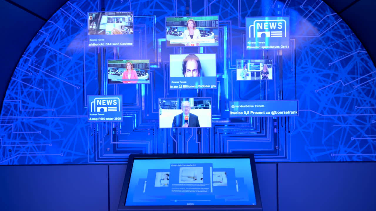 Frankfurt, Germany - November 13, 2022: Stock Exchange Office Interior news corner with blue neon lights
