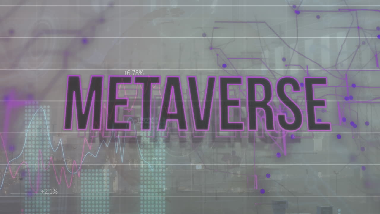 Animation of metaverse text, multiple graphs and changing numbers over abstract background