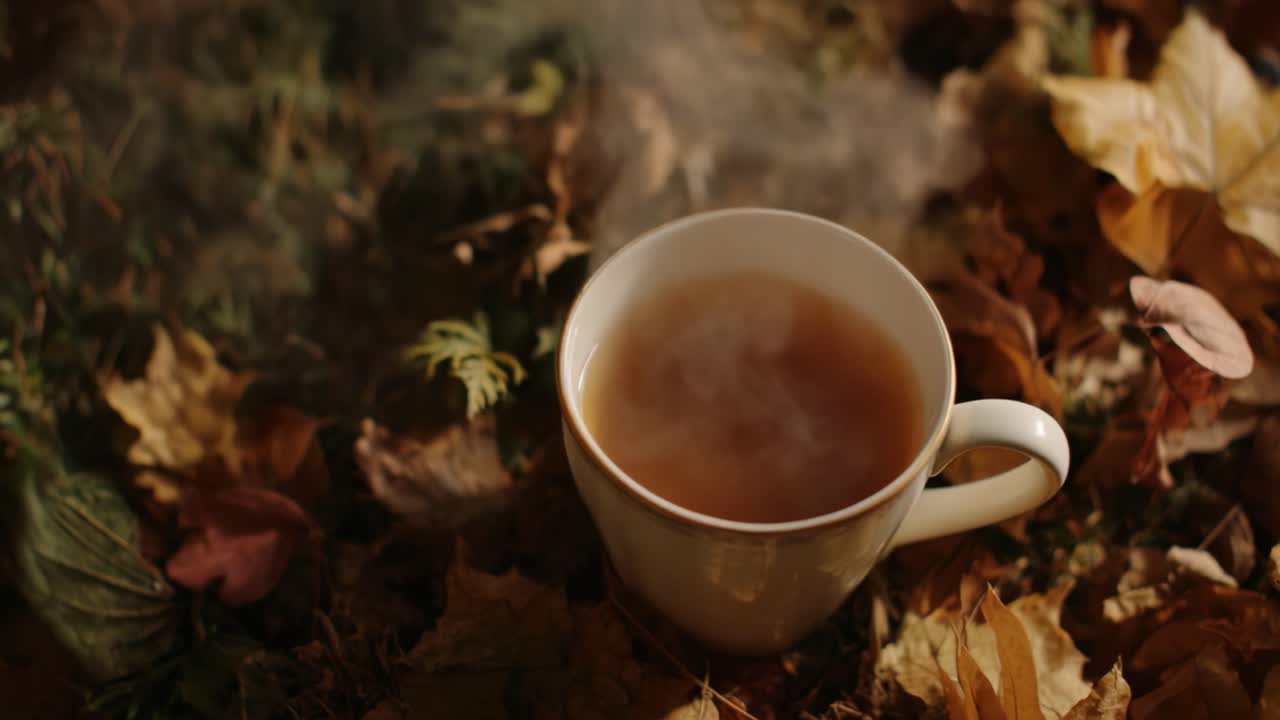 Warm Cup of Tea Amidst Autumn Leaves: A Tranquil Scene Capturing Nature's Beauty and Comfort of Hot Beverage in Fall Vibes