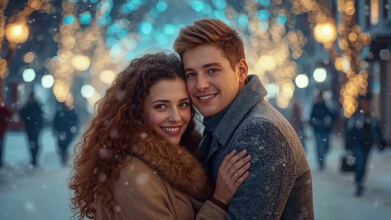 Snowflakes falling sparking couple embracing and smiling on pedestrian street, with string lights