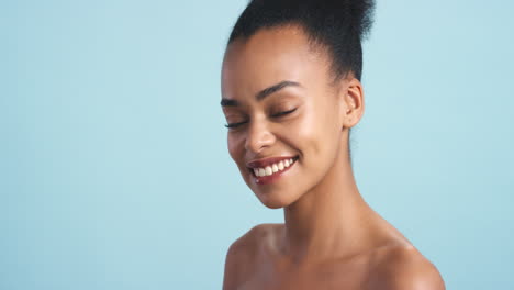 happy black woman, smile and beauty in skincare