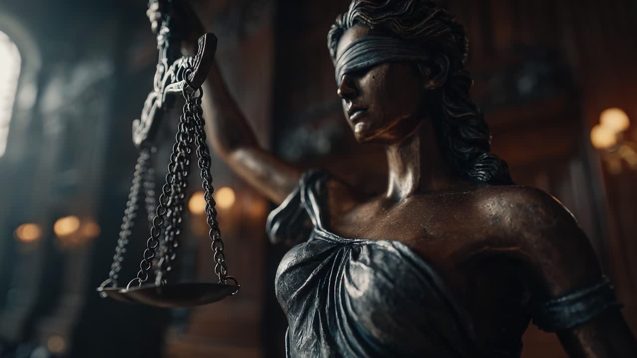 The Symbol of Justice: A Close-Up of a Blindfolded Lady Holding Scales, Representing Fairness and Impartiality in a Majestic Courtroom Setting