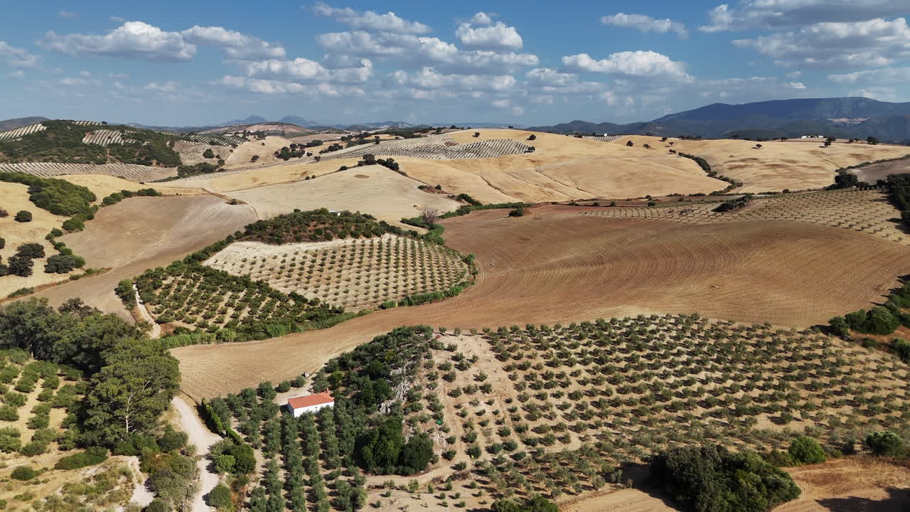 Aerial view of Cote Castle surrounded by dry hills, olive fields and countryside in Andalusia, southern Spain