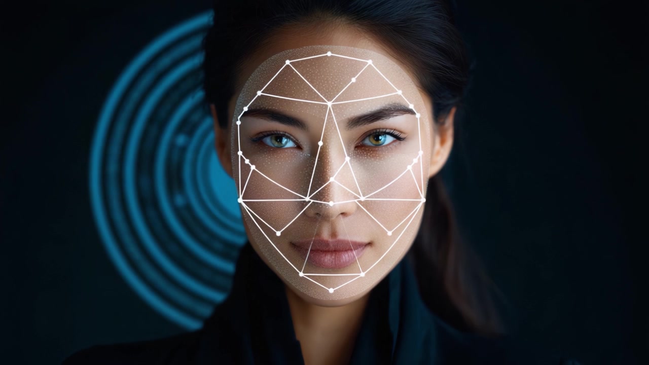 En fængslende udforskning af ansigtsgenkendelsesteknologi, der viser en innovativ repræsentation af ansigtstræk gennem geometriske mønstre og levende visualisering.
