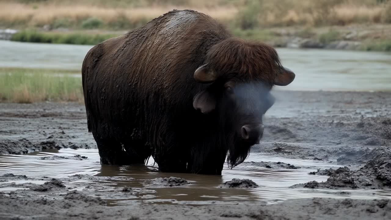 Bisonte maschio adulto che sprofonda nel fango molle cedevole in una pozza poco profonda e fangosa, per poi adagiarsi.