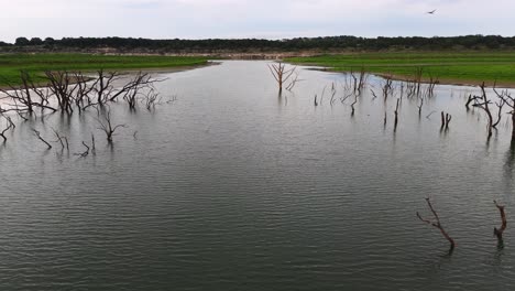 disparo aéreo de vuelo bajo deslizándose sobre las aguas tranquilas del lago canyon en texas