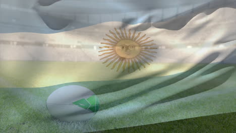 animation of waving flag of argentina over stadium with rugby ball