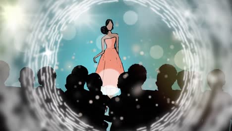 animation of fashion drawing of model on catwalk at fashion show on blue background