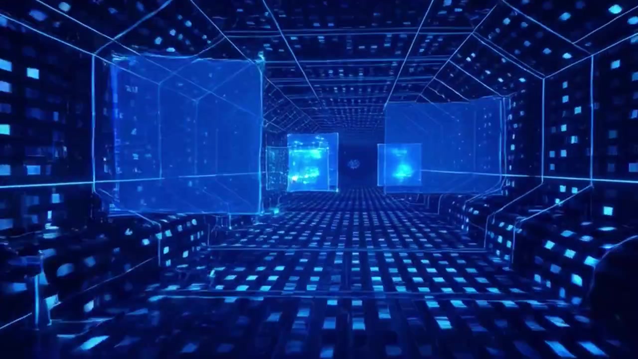 Digital Tunnel with Glowing Blue Data Screens and Geometric Patterns