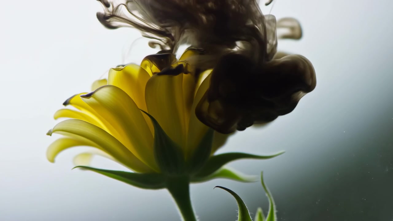 Un fluido scuro entra dall'alto dell'inquadratura e si espande su petali giallo brillante, creando fitti viticci vorticosi mentre stelo e foglie verdi rimangono visibili in una morbida retroilluminazione.
