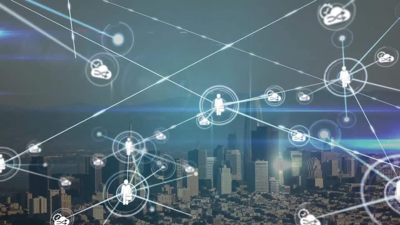 Animation of network of connections over cityscape
