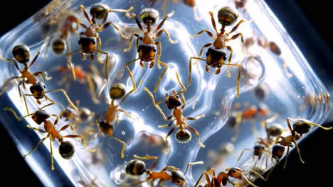 intricate exploration of ants captured in clear gel medium: a macroscopic view of their movement and behavior in a unique environment