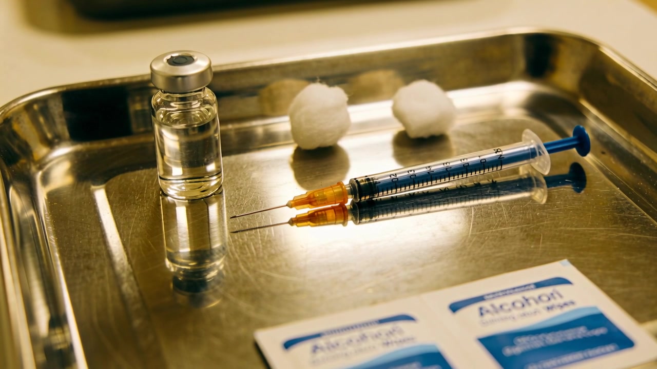 Framing steel tray camera moving closer on clinic counter showing vial syringes cotton alcohol pads