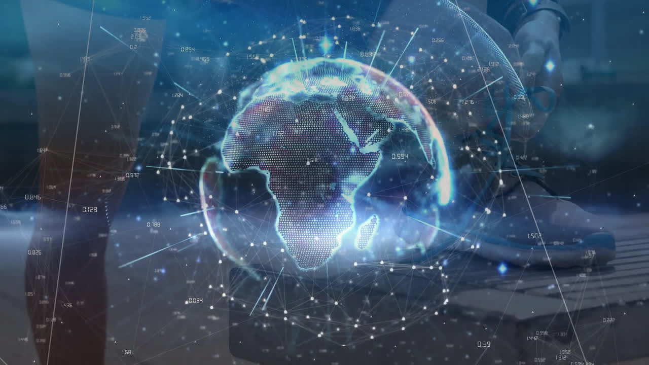 Female technician adjusting network cable on laptop, projecting holographic globe with data nodes