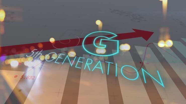 Animation of 5g 5th generation text over arrow pointing up with statistics and cityscape