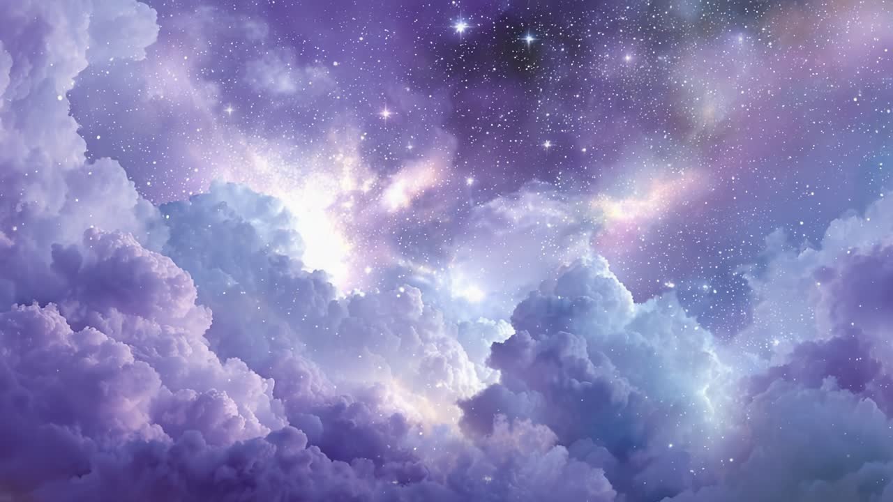 A Mesmerizing Cosmic Display: Ethereal Clouds Against a Backdrop of Sparkling Stars and Deep Purple Nebulas in a Stunning Celestial Scene