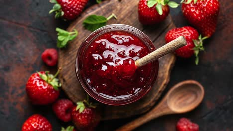 Draufsicht-Auf-Frische,-Hausgemachte-Erdbeermarmelade-Mit-Erdbeeren