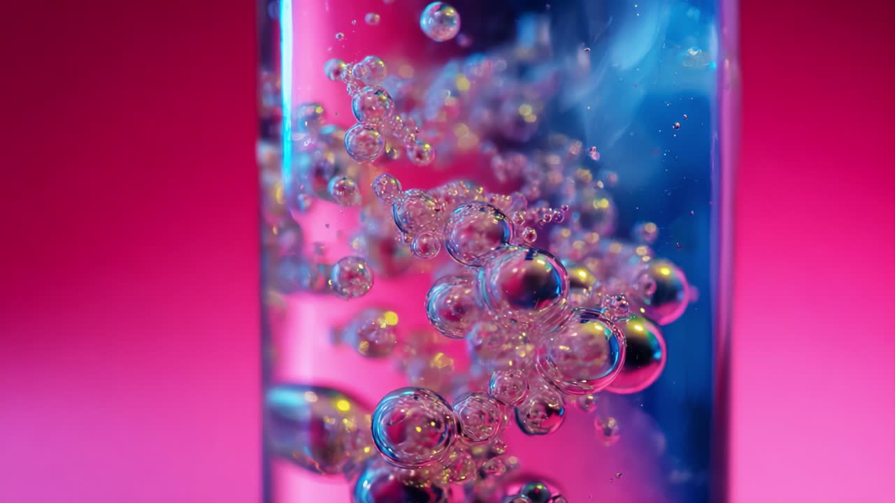 A mesmerizing close-up of bubbles rising through colorful liquid, showcasing the interplay of light and motion as they ascend in a glass container, creating an enchanting visual experience filled with vibrant hues