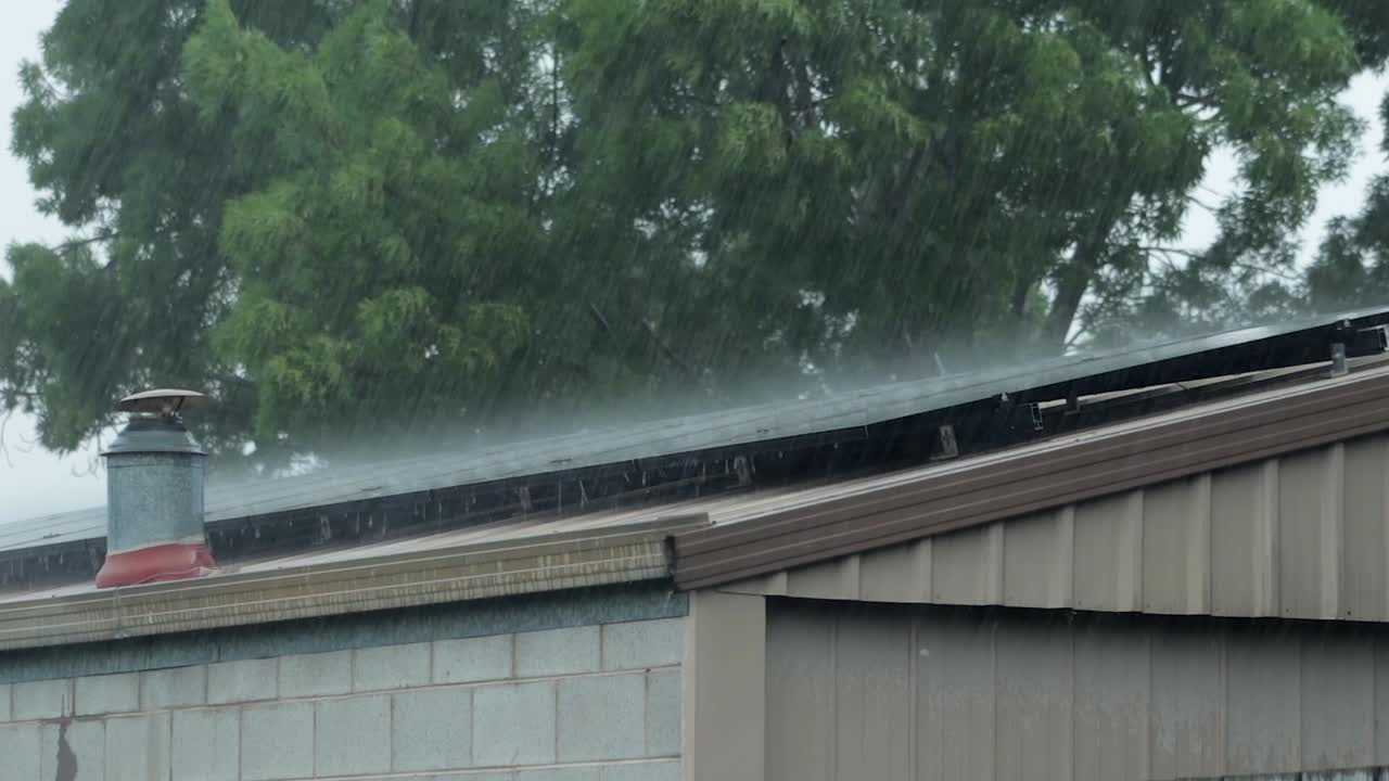 Garage Shed With Solar Panels In Heavy Rain Storm Bad Weather, Daytime, Maffra, Gippsland, Victoria, Australia