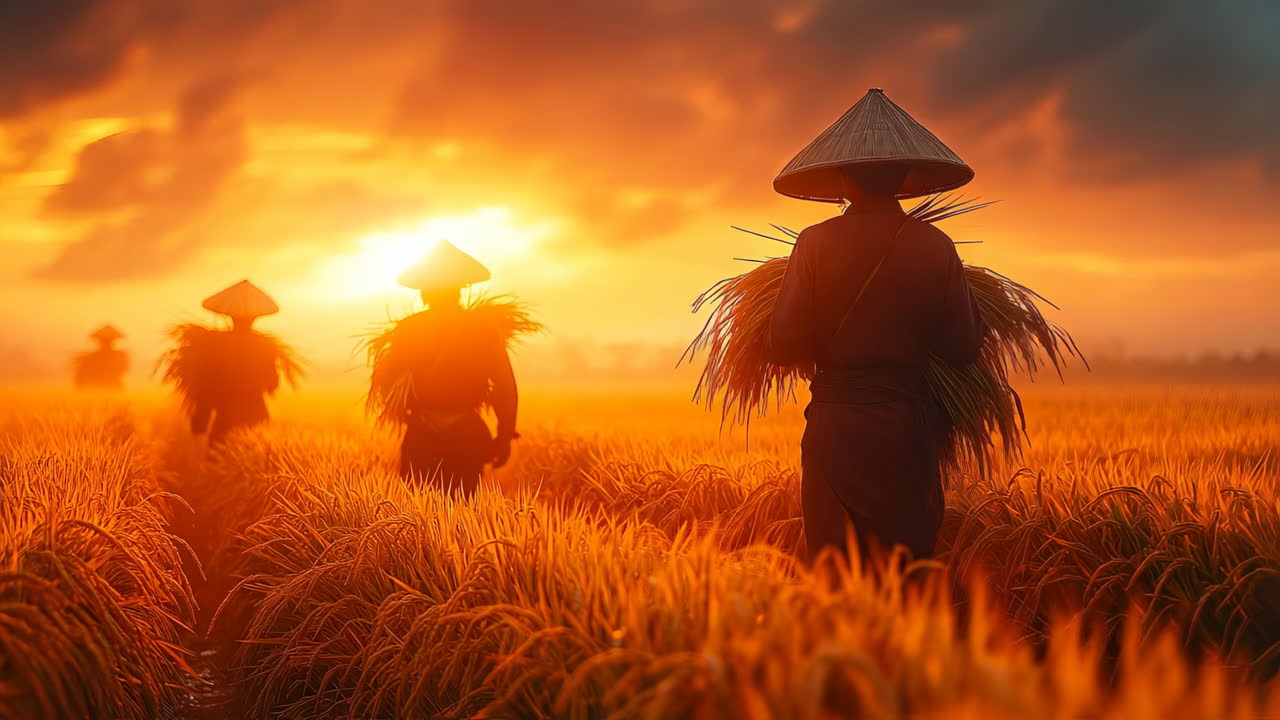 Farmers harvest rice at dusk. Farmers work together to harvest rice under a vibrant sunset, with warm light illuminating the golden fields