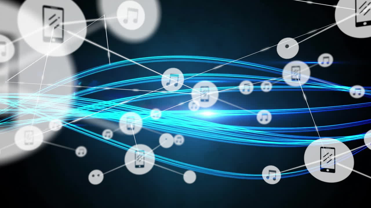 Music and technology icons animation over blue light waves on dark background