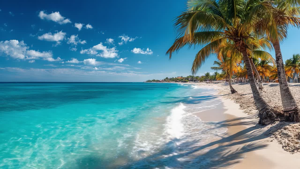 Stunning Tropical Beach Scene Surrounding Crystal Clear Aqua Waters with Lush Palm Trees Beneath a Bright Blue Sky and Fluffy White Clouds in a Relaxing Coastal Paradise