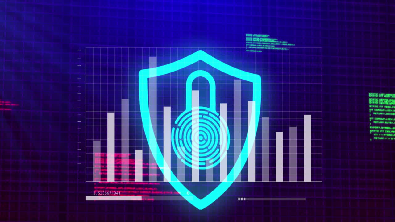 Animation of padlock and financial data processing over blue background