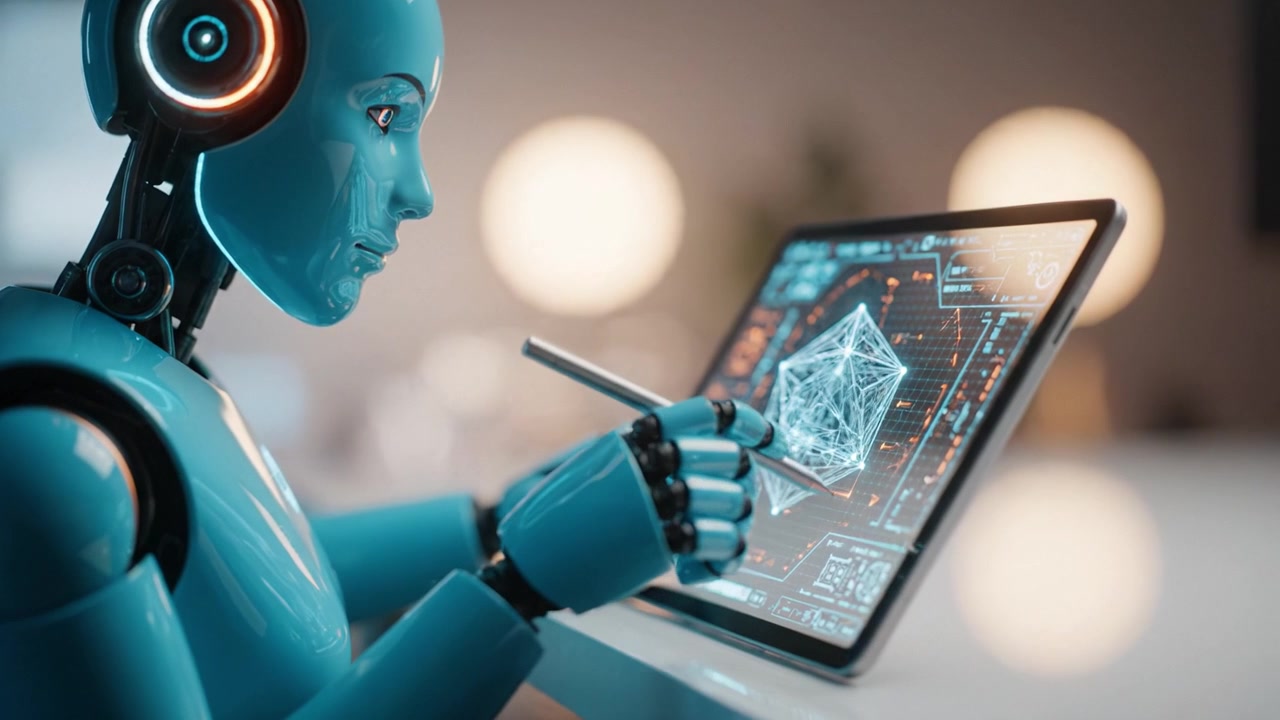 A futuristic robot utilizing advanced technology to design and create intricate digital models on a tablet, showcasing the fusion of art and science in innovation.