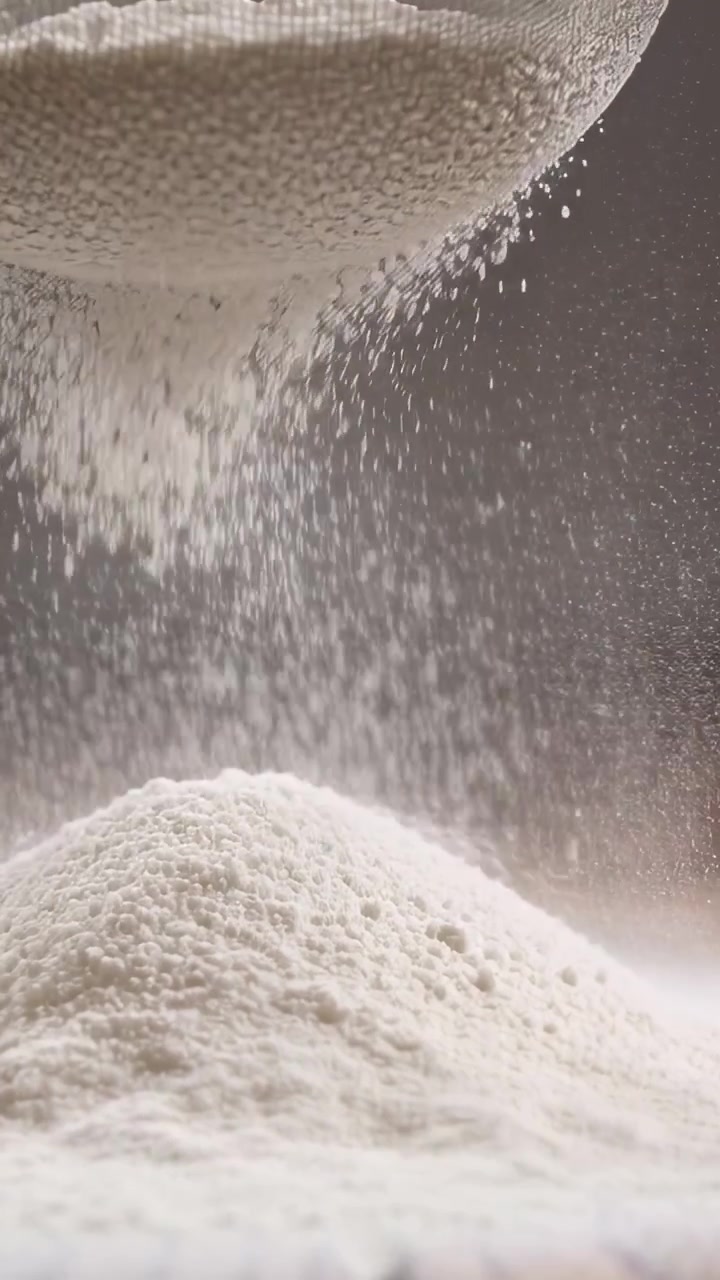 Vídeo vertical: Peneira de metal peneirando farinha fina que cai sobre a superfície da cozinha, formando um cone.