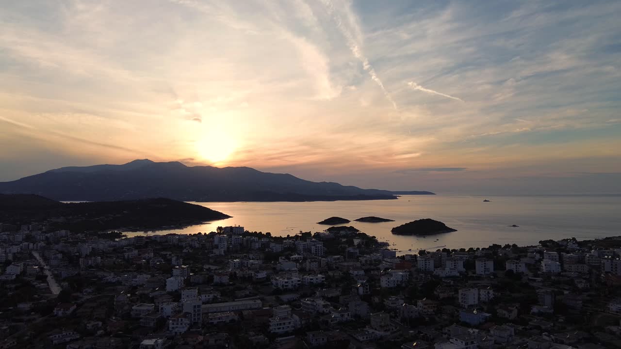 Ksamil holiday resort islands Albania, aerial view at sunset sunrise landscape