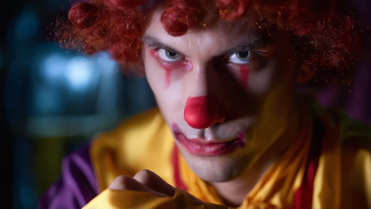 A striking portrayal of a clown with intense facial expressions, showcasing a captivating gaze that reveals the duality of joy and sorrow in performance art