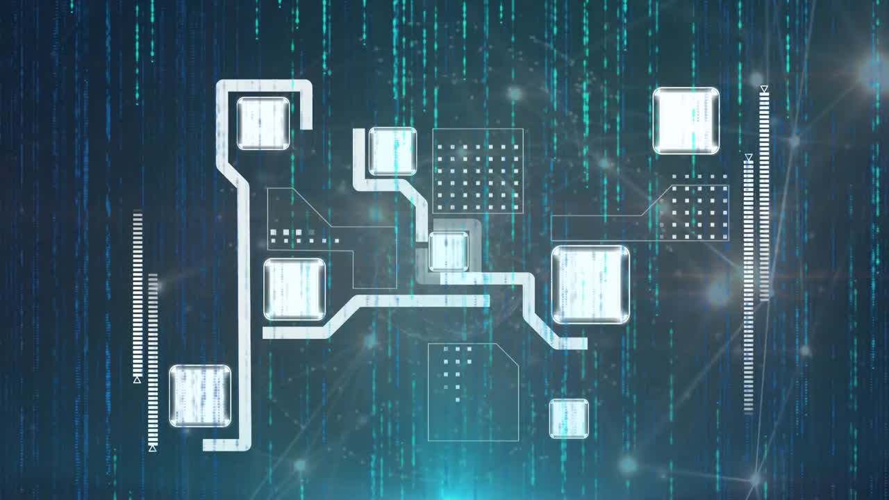 Animation of integrated circuit over lights on navy background