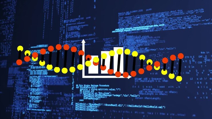 Animation of dna strand and graph over data processing on blue background