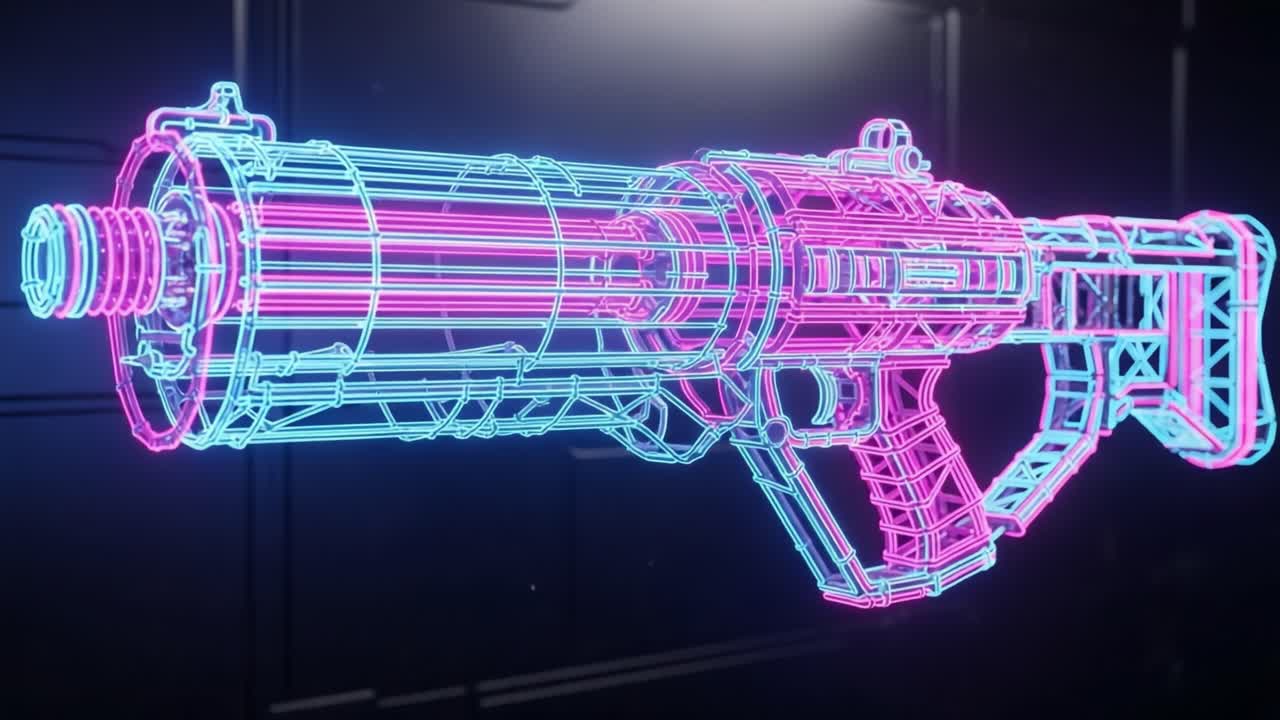 Eine beeindruckende visuelle Darstellung einer futuristischen Energiewaffe, die komplizierte Details und leuchtende Neonfarben zeigt, die ihr fortschrittliches Design und ihre Technologie hervorheben.