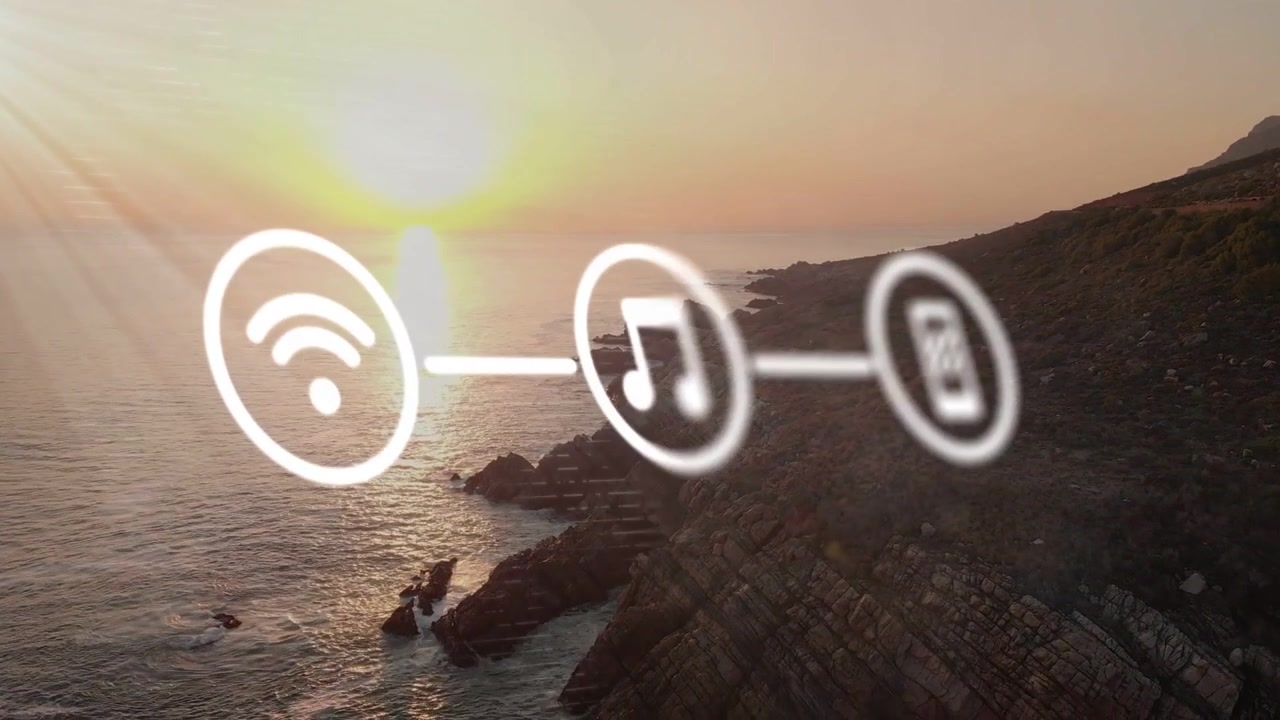 Sun flare starting rings expanding to linked signal music phone icons holding center showing link