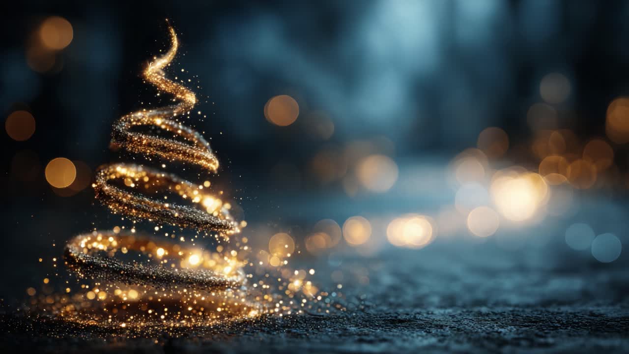 Un albero di Natale scintillante e incantevole, illuminato da luci dorate, catturato in un magico effetto bokeh sfocato e con una luce soffusa sullo sfondo