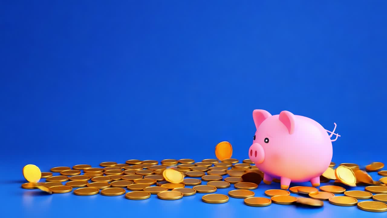 A vibrant and whimsical scene featuring a cheerful pink piggy bank amidst a cascade of shining gold coins, symbolizing saving, wealth, and financial prosperity on a bright blue background