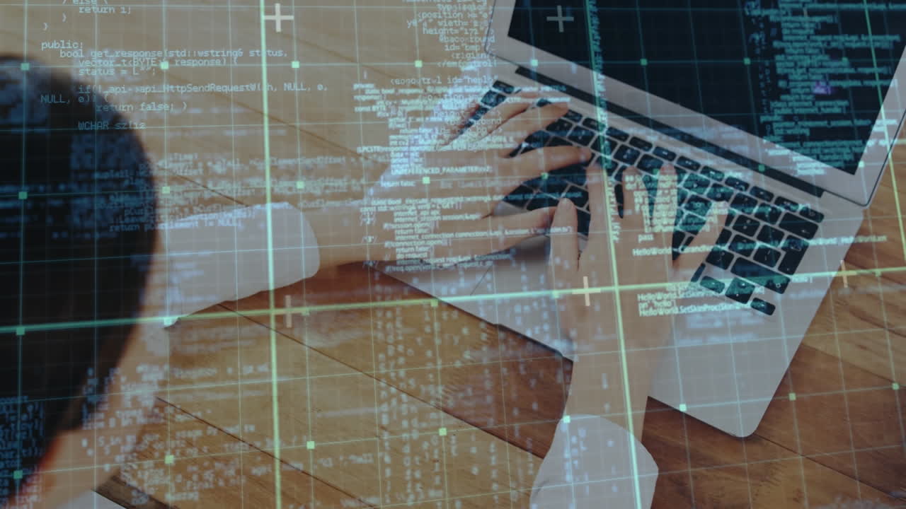 animación del procesamiento de datos sobre la mujer escribiendo en la computadora portátil.