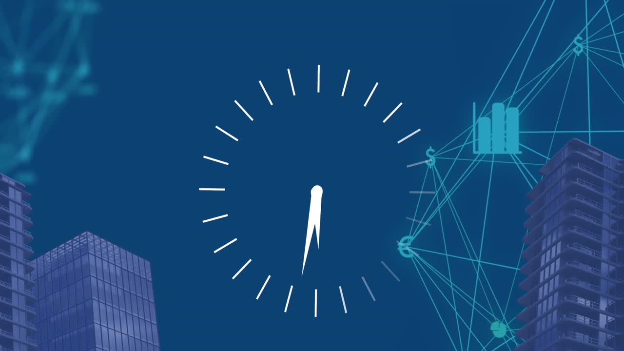 Animation of ticking clock and globe of financial icons spinning against tall buildings