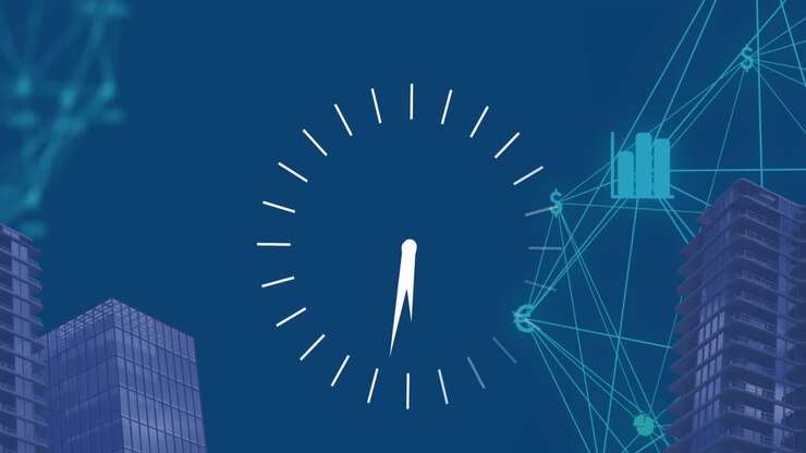 Animation of ticking clock and globe of financial icons spinning against tall buildings