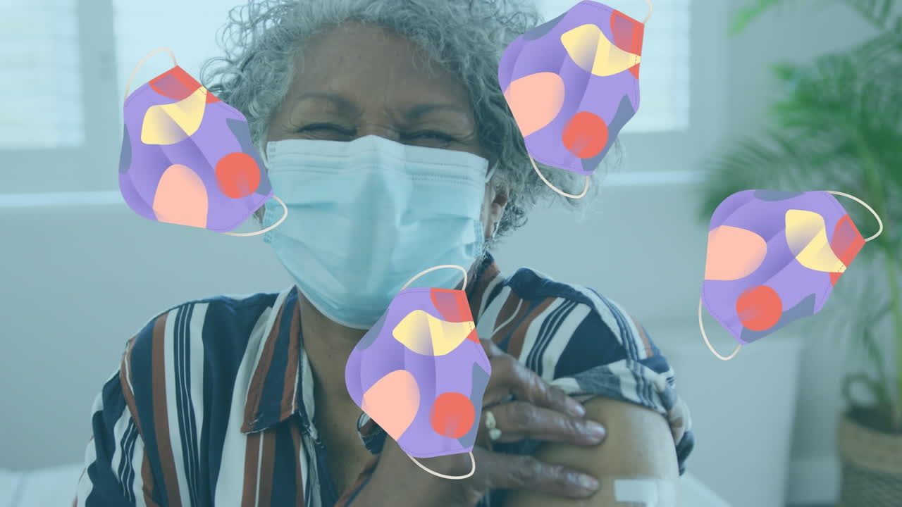 Animação de ícones de máscara facial sobre mulher afro-americana com máscara facial
