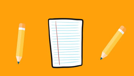 animación de cuadernos y lápices iconos escolares en fondo naranja