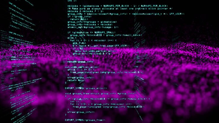 Animation of data processing and purple spots over black background
