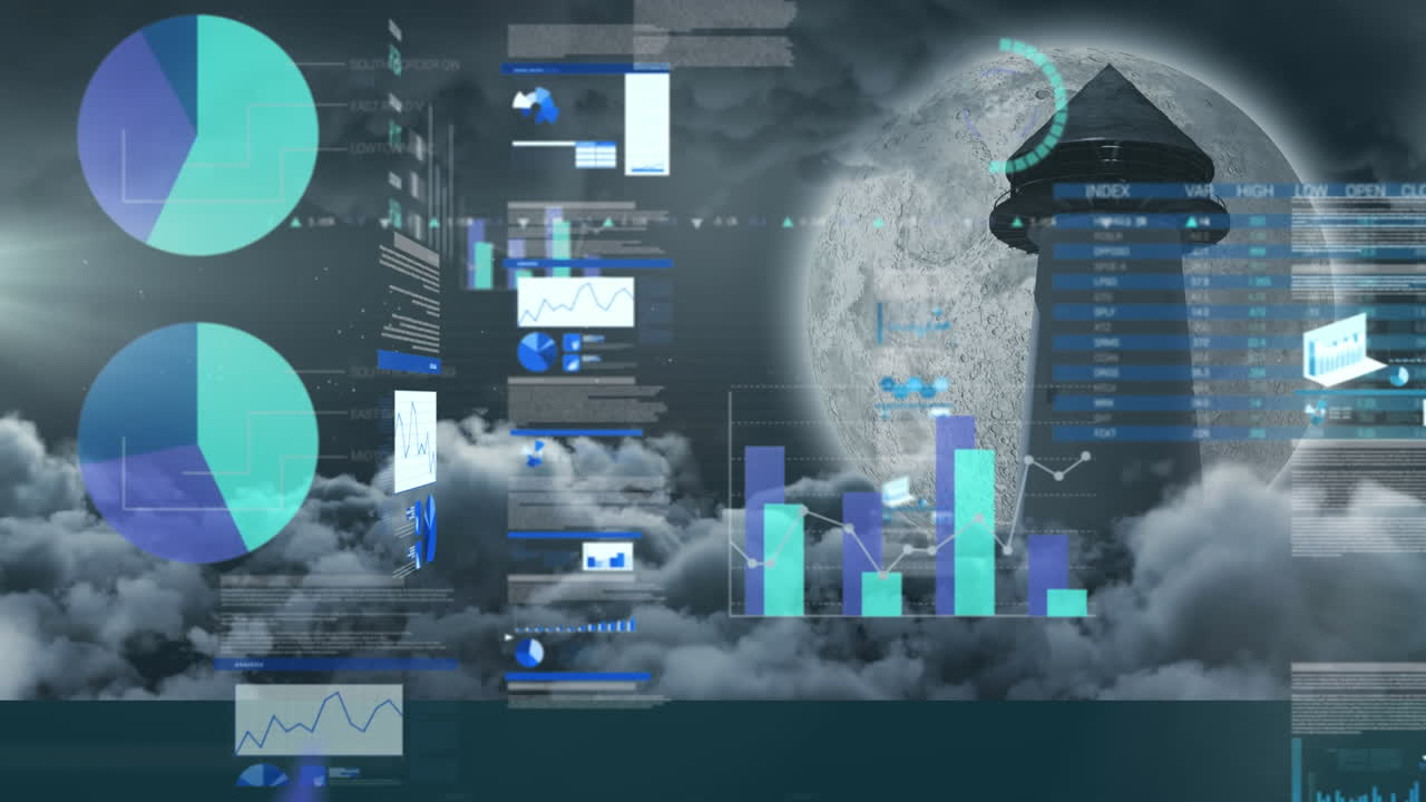 Animation of network of data processing over moon, tower and night sky